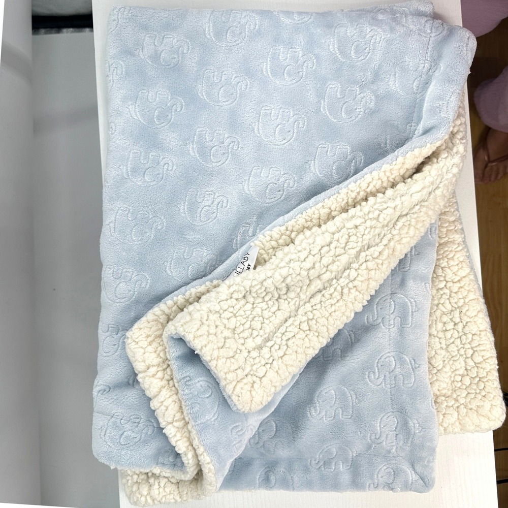 Lullaby Baby Blue Elephant Embossed Plush Sherpa Lined Nursery Blanket